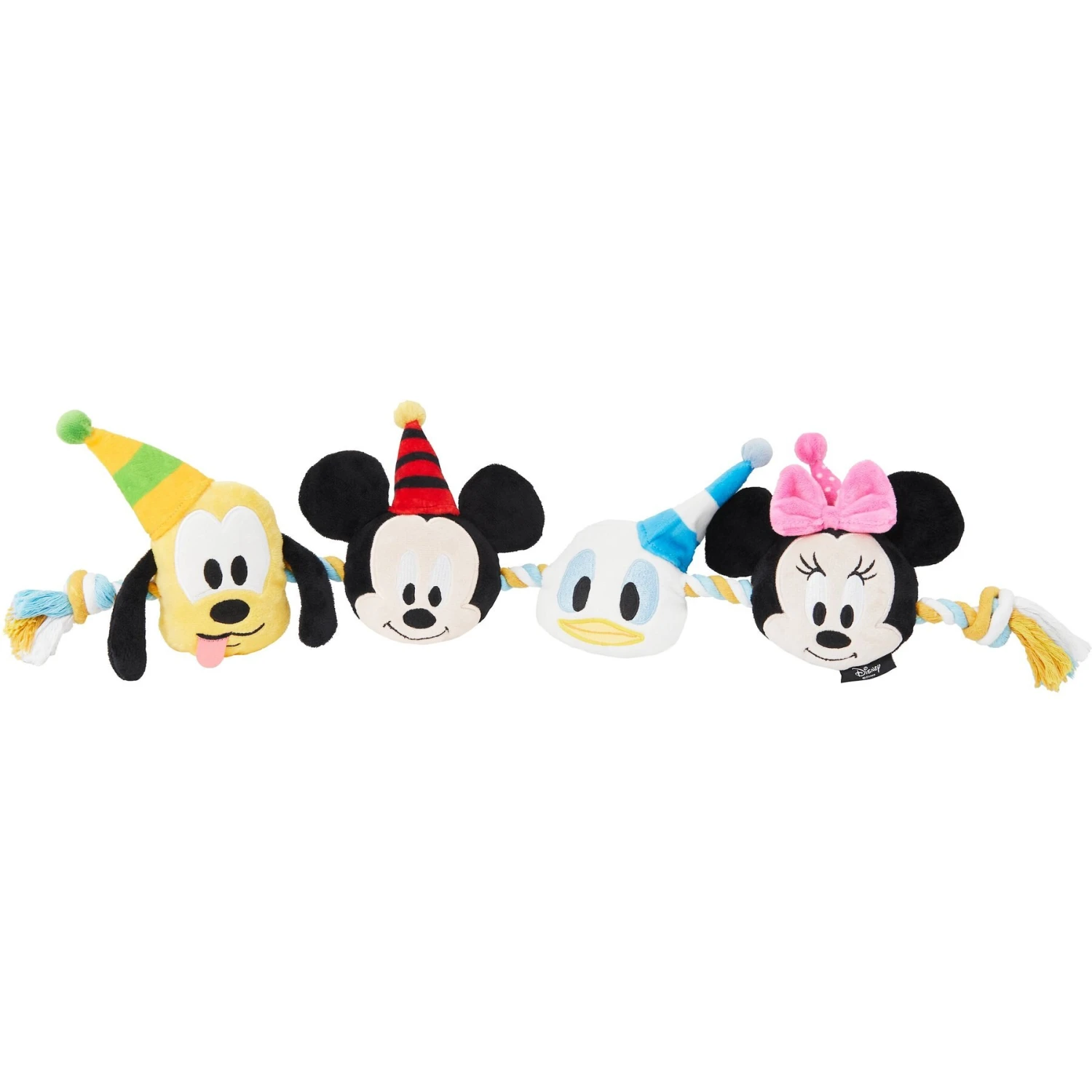 Disney Mickey Mouse & Friends Birthday Plush With Rope Squeaky Dog Toy 3 Disney Mickey Mouse & Friends Birthday Plush With Rope Squeaky Dog Toy