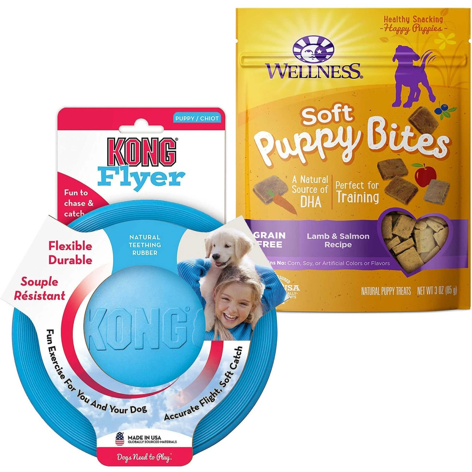 KONG Puppy Flyer Dog Toy, Color Varies & Wellness Soft Puppy Bites Lamb & Salmon Recipe Grain-Free Natural Dog Treats 3 KONG Puppy Flyer Dog Toy, Color Varies & Wellness Soft Puppy Bites Lamb & Salmon Recipe Grain-Free Natural Dog Treats