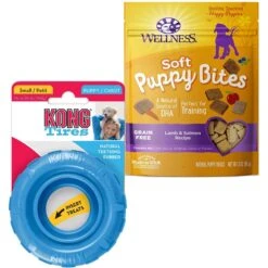 KONG Puppy Tires Dog Toy, Color Varies & Wellness Soft Puppy Bites Lamb & Salmon Recipe Grain-Free Natural Dog Treats
