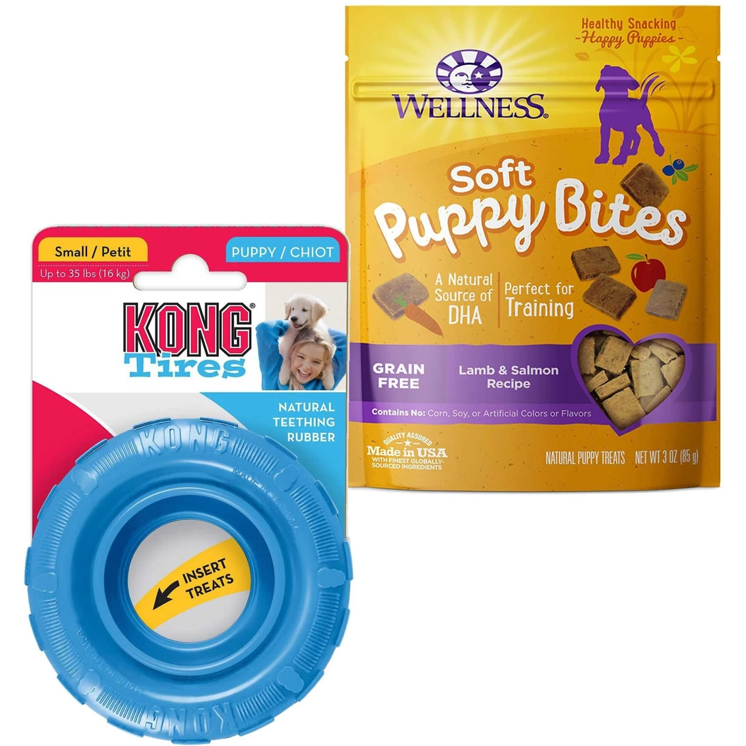 KONG Puppy Tires Dog Toy, Color Varies & Wellness Soft Puppy Bites Lamb & Salmon Recipe Grain-Free Natural Dog Treats 3 KONG Puppy Tires Dog Toy, Color Varies & Wellness Soft Puppy Bites Lamb & Salmon Recipe Grain-Free Natural Dog Treats