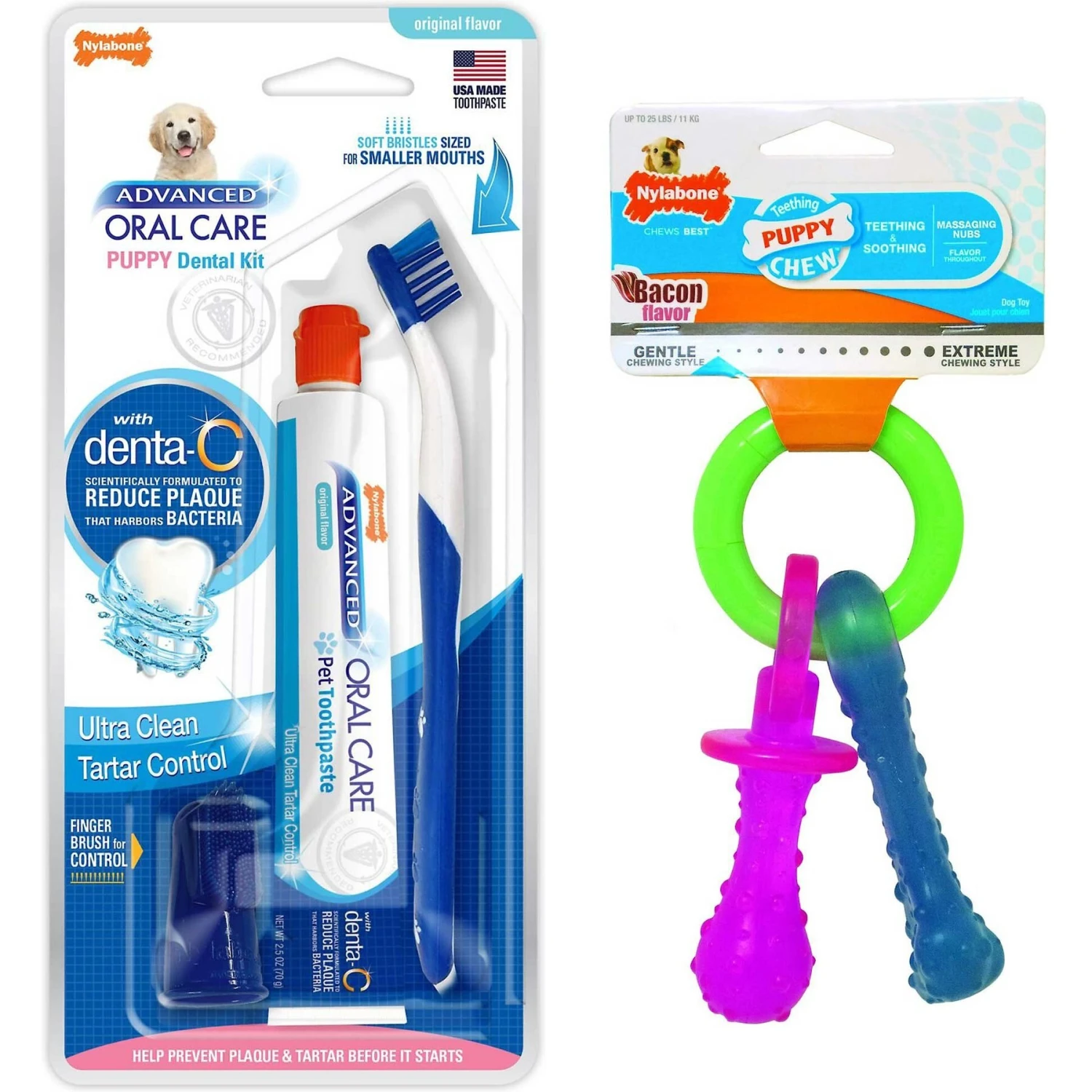 Nylabone Advanced Oral Care Original Flavor Puppy Dental Kit & Nylabone Puppy Pacifier Teething Toy Chew Teething Pacifier Bacon 3 Nylabone Advanced Oral Care Original Flavor Puppy Dental Kit & Nylabone Puppy Pacifier Teething Toy Chew Teething Pacifier Bacon