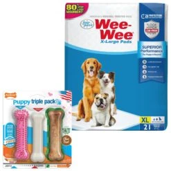 Four Paws Wee-Wee Superior Performance Dog Pee Pads & Nylabone Puppy Chew Variety Toy & Treat Triple Pack