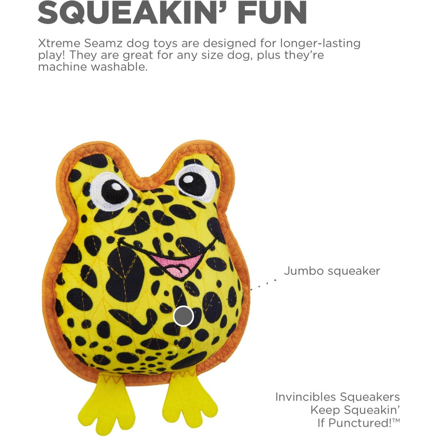 Outward Hound Xtreme Seamz Dart Frog Squeaky Durable Dog Toy, Yellow, Medium 4 Outward Hound Xtreme Seamz Dart Frog Squeaky Durable Dog Toy, Yellow, Medium - Image 2