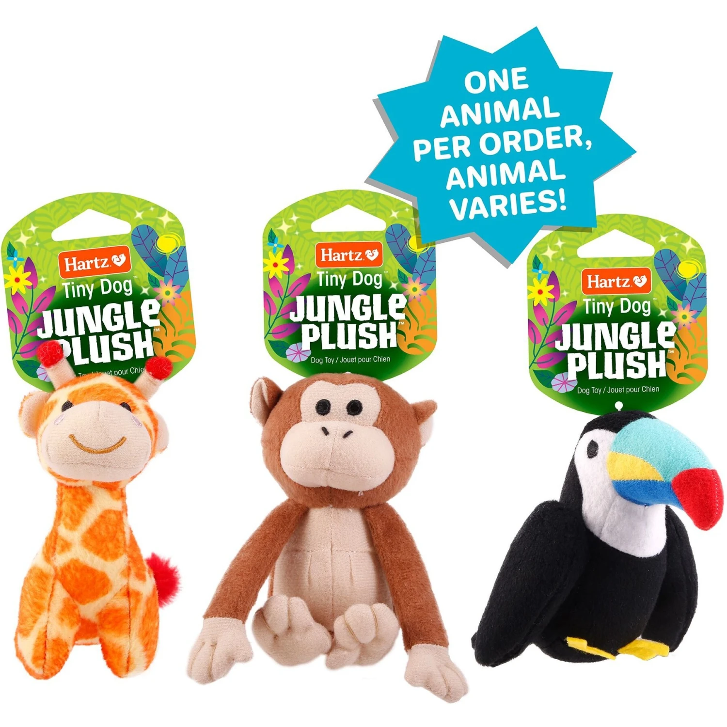 Hartz Tiny Dog Jungle Squeaky Plush Dog Toy, Character Varies 3 Hartz Tiny Dog Jungle Squeaky Plush Dog Toy, Character Varies